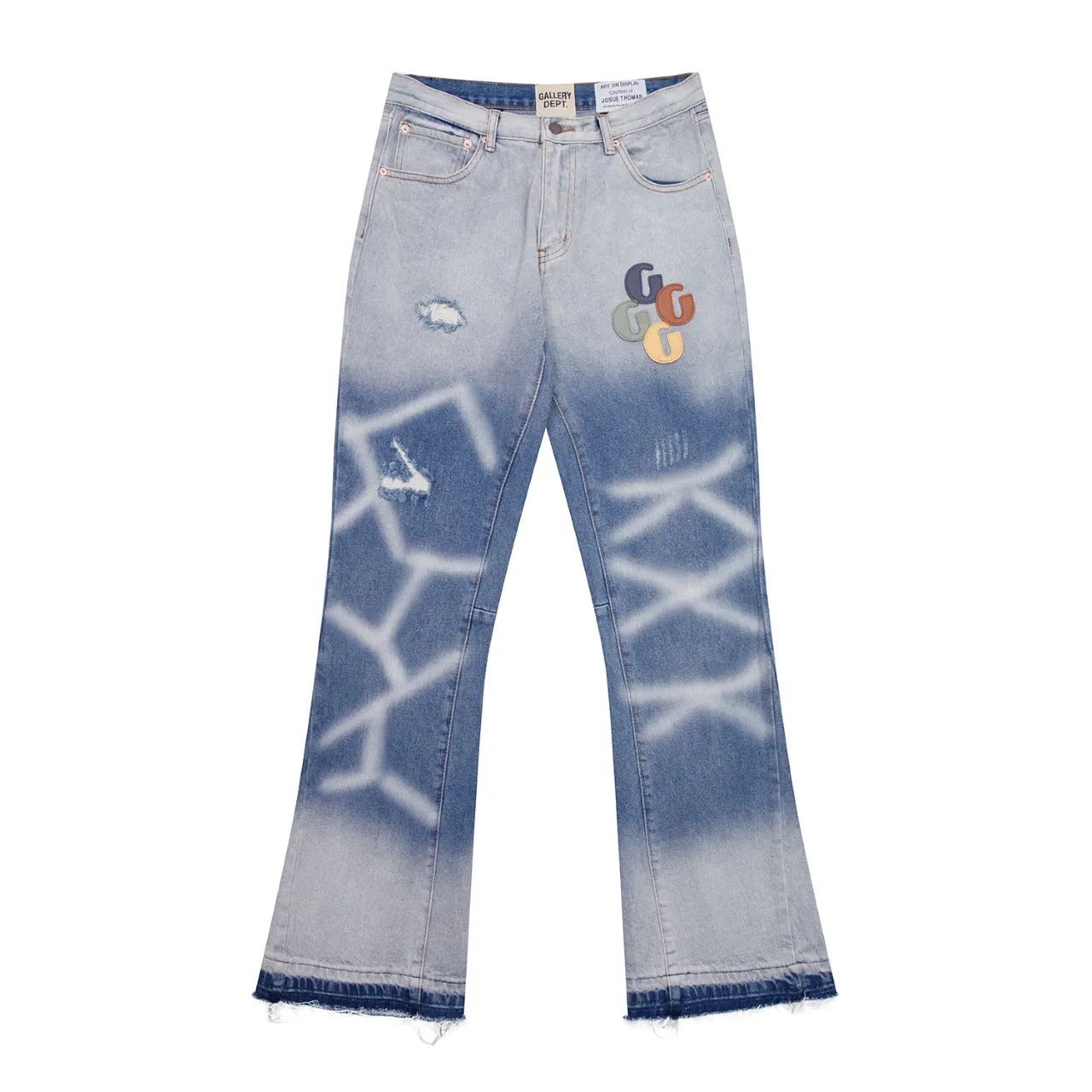 640#Gallery Dept New Style Spliced ​​Leather Label Leather Seal Water Ripple Washed Blue Destroyed Splicing Micro-Boot Jeans American High Street Flared Trousers Washed Blue S~XL p290
